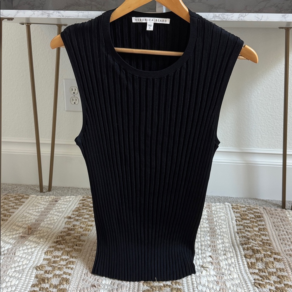 SOLD! Veronica Beard Black Ribbed Knit Sleeveless Top – Size XL